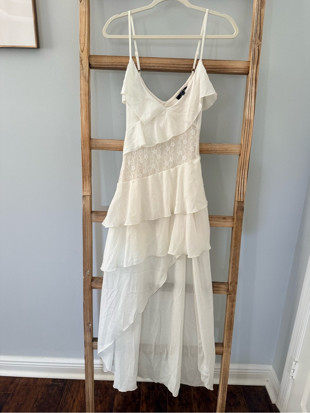 Lulu's Ivory Ruffled Lace High-Low Maxi Dress